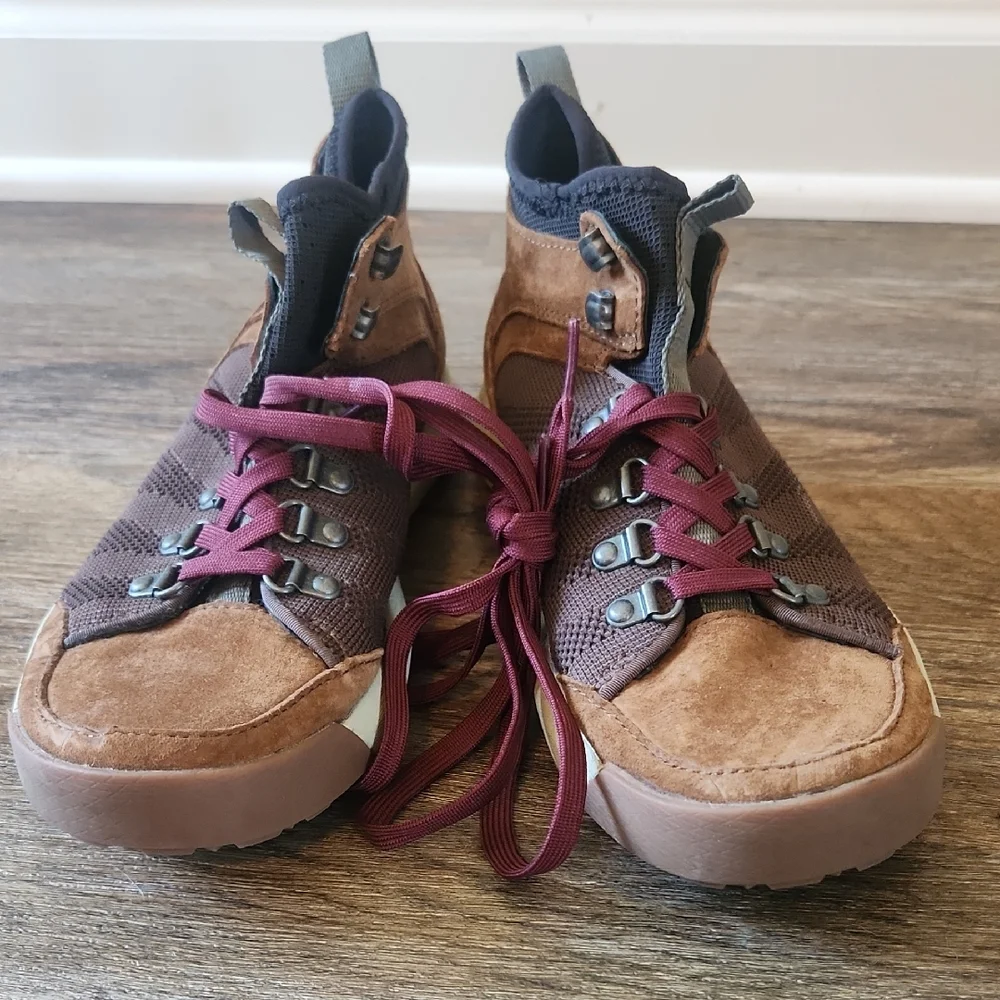 L.L. Bean Brown Suede & Dark Brown Mesh Ankle Booties with Burgundy Laces